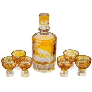 Antique 8 Piece Lead Crystal Hunting Decanter Set Amber Cut to Clear Deer & Stag